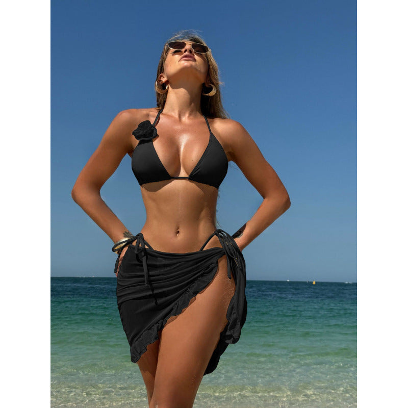 rose three piece set mesh skirt swimsuit bikini