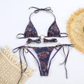 Sexy Metal Triple Ring Bikini Set with Printed Straps for Women