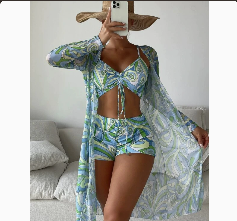 Fashionable Sexy Mesh Cover-Up with Leg-Length Briefs Three-Piece Swimwear Set