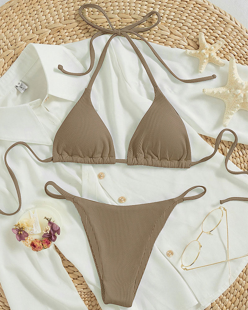 Hanging neck tie bikini swimsuit