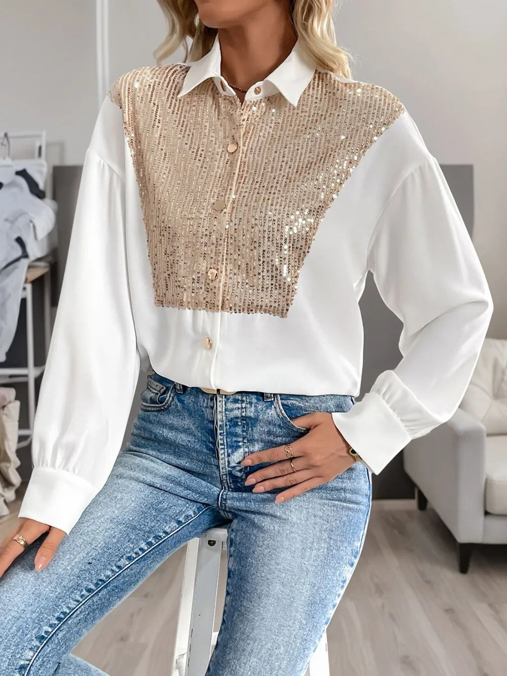 Sequin Contrast Long Sleeve Shirt