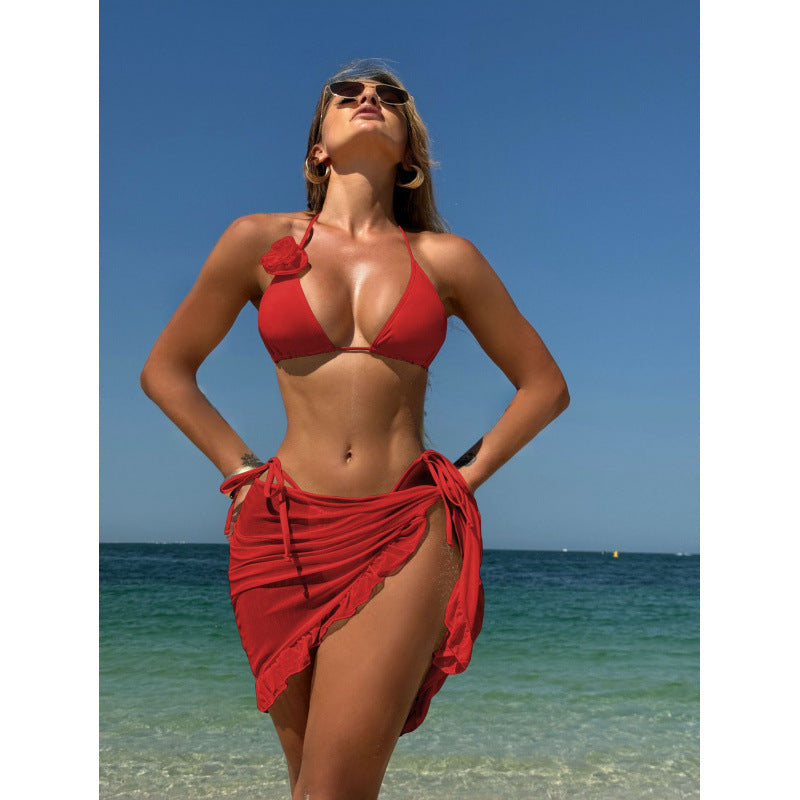 rose three piece set mesh skirt swimsuit bikini