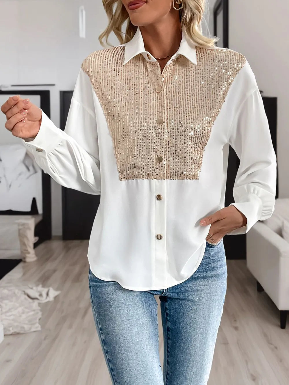 Sequin Contrast Long Sleeve Shirt