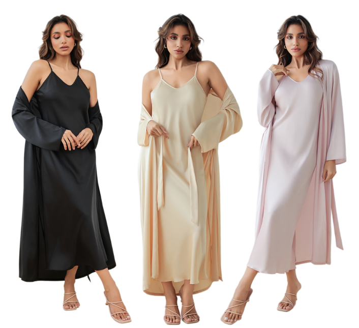 Women's Loose Strap Dress Robe Home Wear Fashion Long Sleep Robe Set