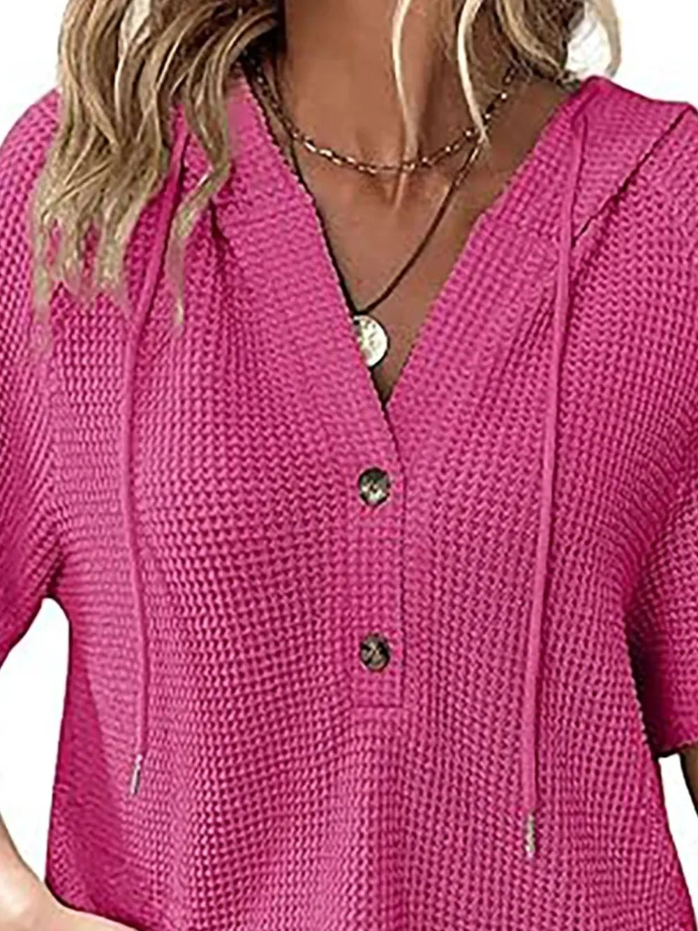 Waffle-Knit Hooded Short-Sleeve Blouse