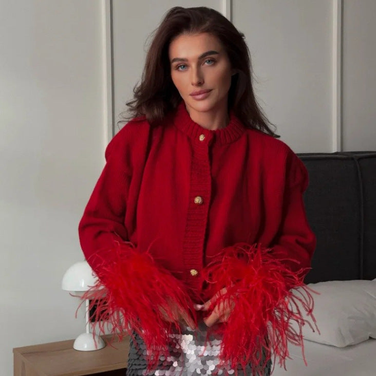 Red Knitted Feather Cardigan O-neck Sweater Coat