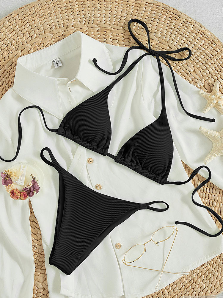 Hanging neck tie bikini swimsuit