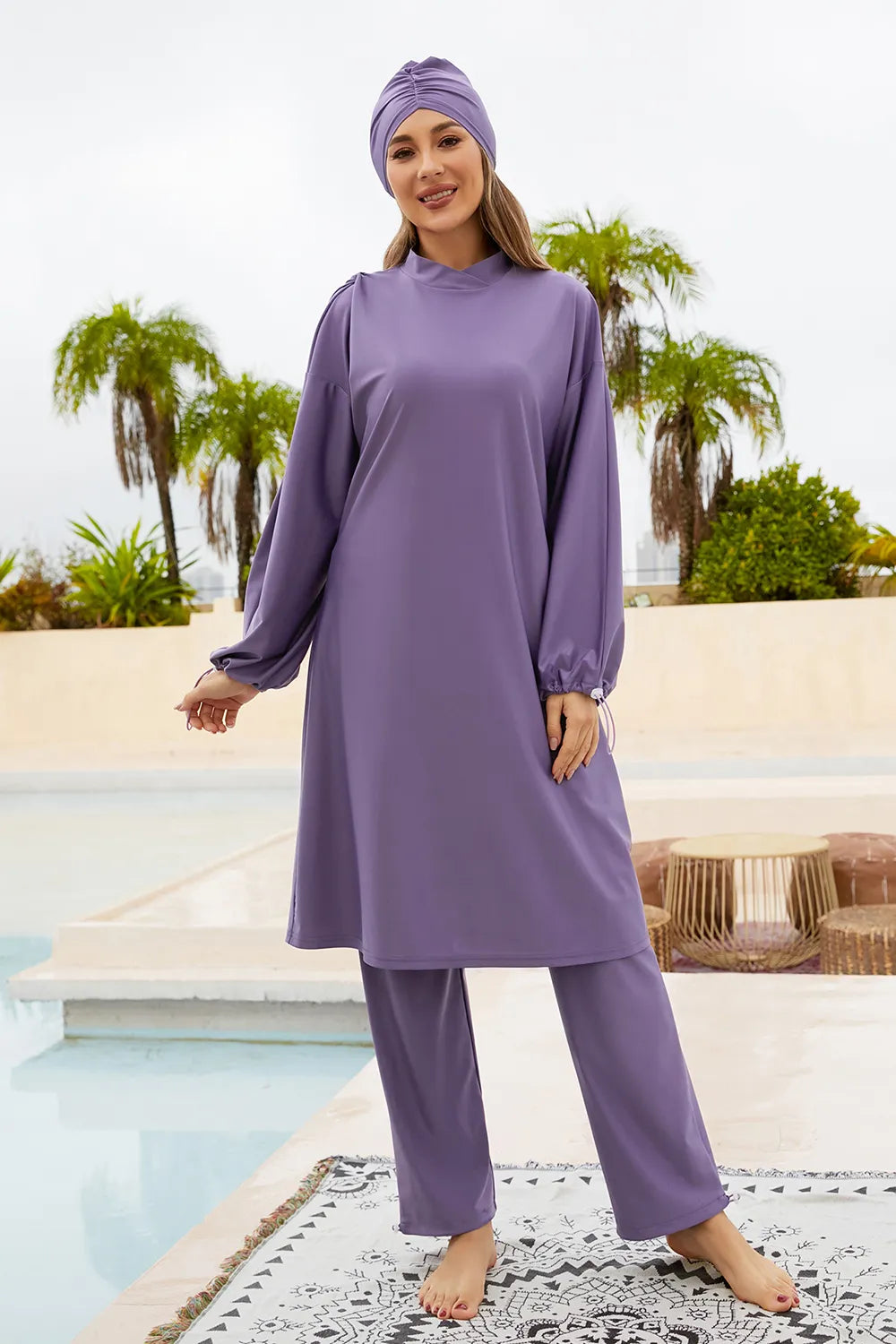 Modest Cap, Drawstring Mock Neck Long Sleeve Top and Pants Swim Set