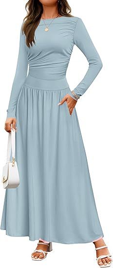 Round Neck Pleated Pocket Slim Fit Long Sleeve Knit Dress