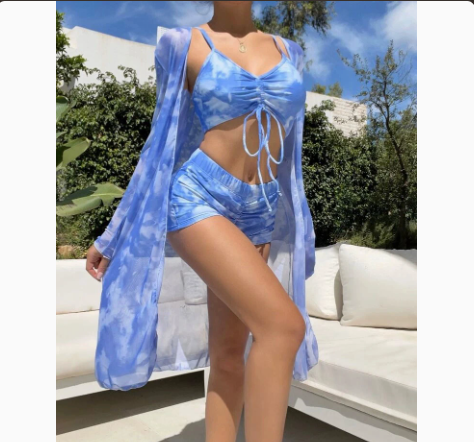 Fashionable Sexy Mesh Cover-Up with Leg-Length Briefs Three-Piece Swimwear Set