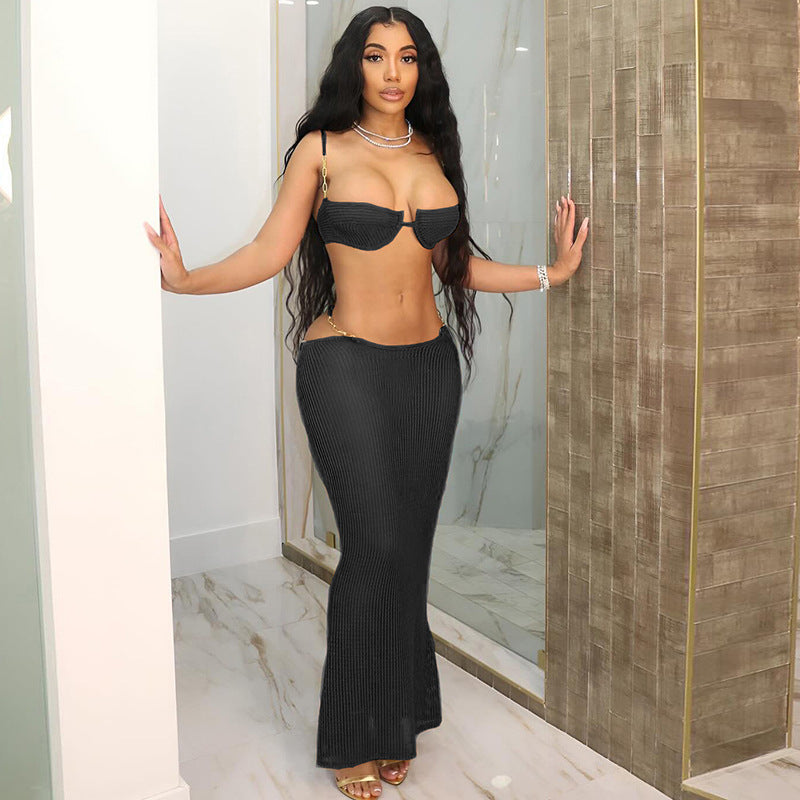 Fashion Sexy Bikini Set with Sheer Cut-Out, Crop Top, and Bodycon Skirt