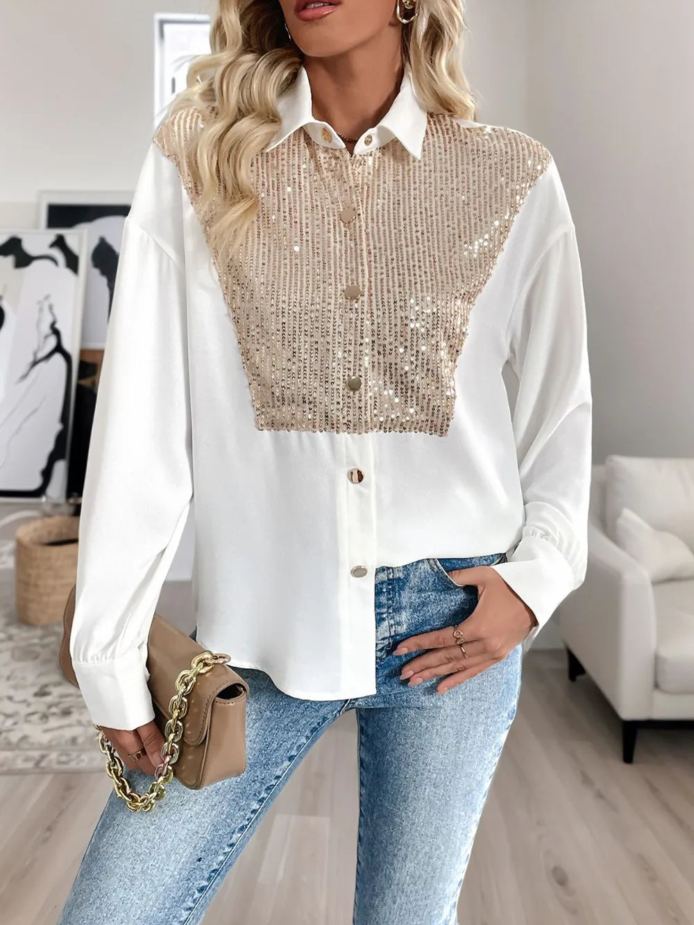 Sequin Contrast Long Sleeve Shirt