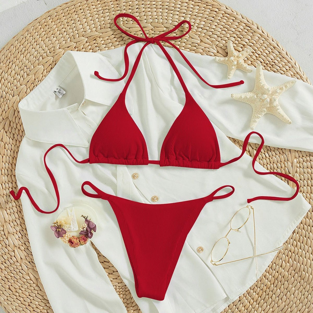Hanging neck tie bikini swimsuit