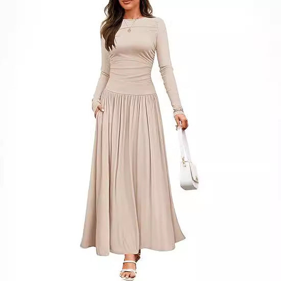 Round Neck Pleated Pocket Slim Fit Long Sleeve Knit Dress