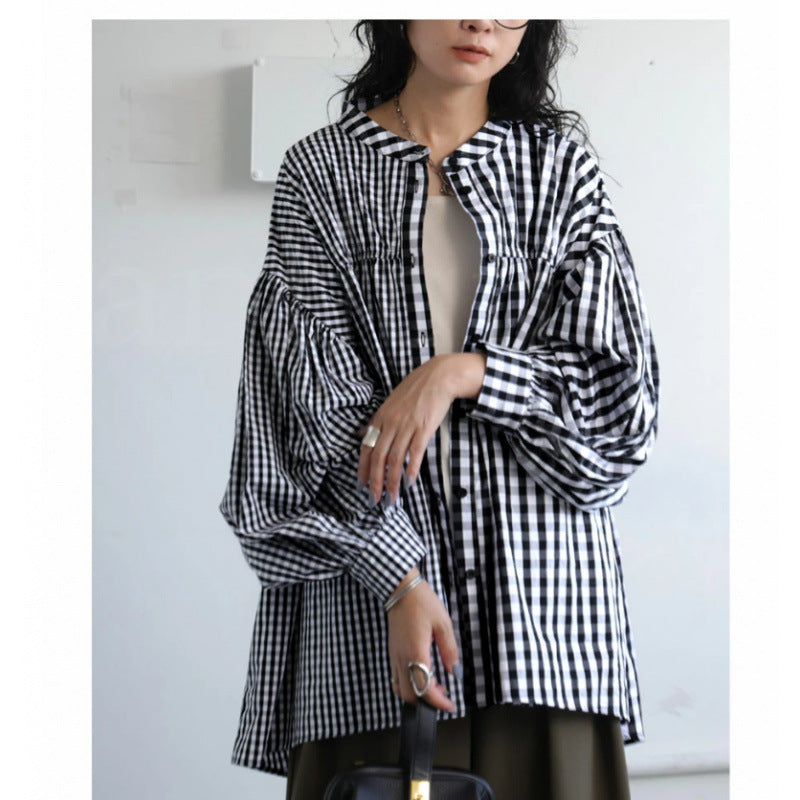 Black & White Checkered Puff Sleeve Blouse