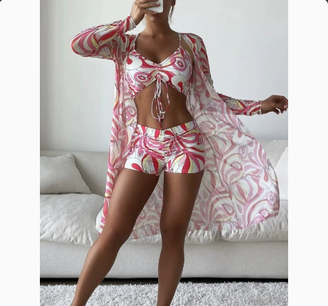 Fashionable Sexy Mesh Cover-Up with Leg-Length Briefs Three-Piece Swimwear Set