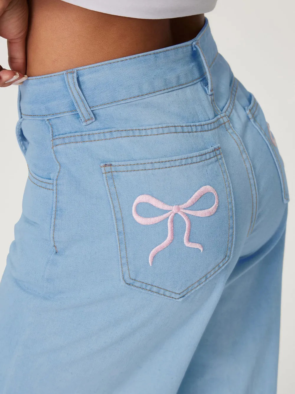 Embroidered Bow Back Wide Leg Jeans