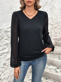 Black V-neck patchwork long sleeve top