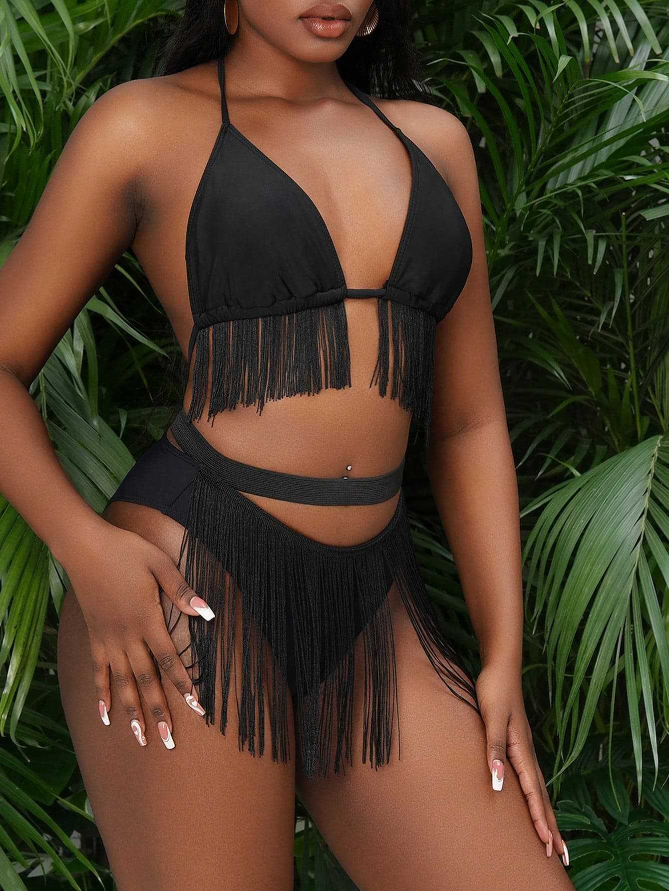 Solid color fringe bikini