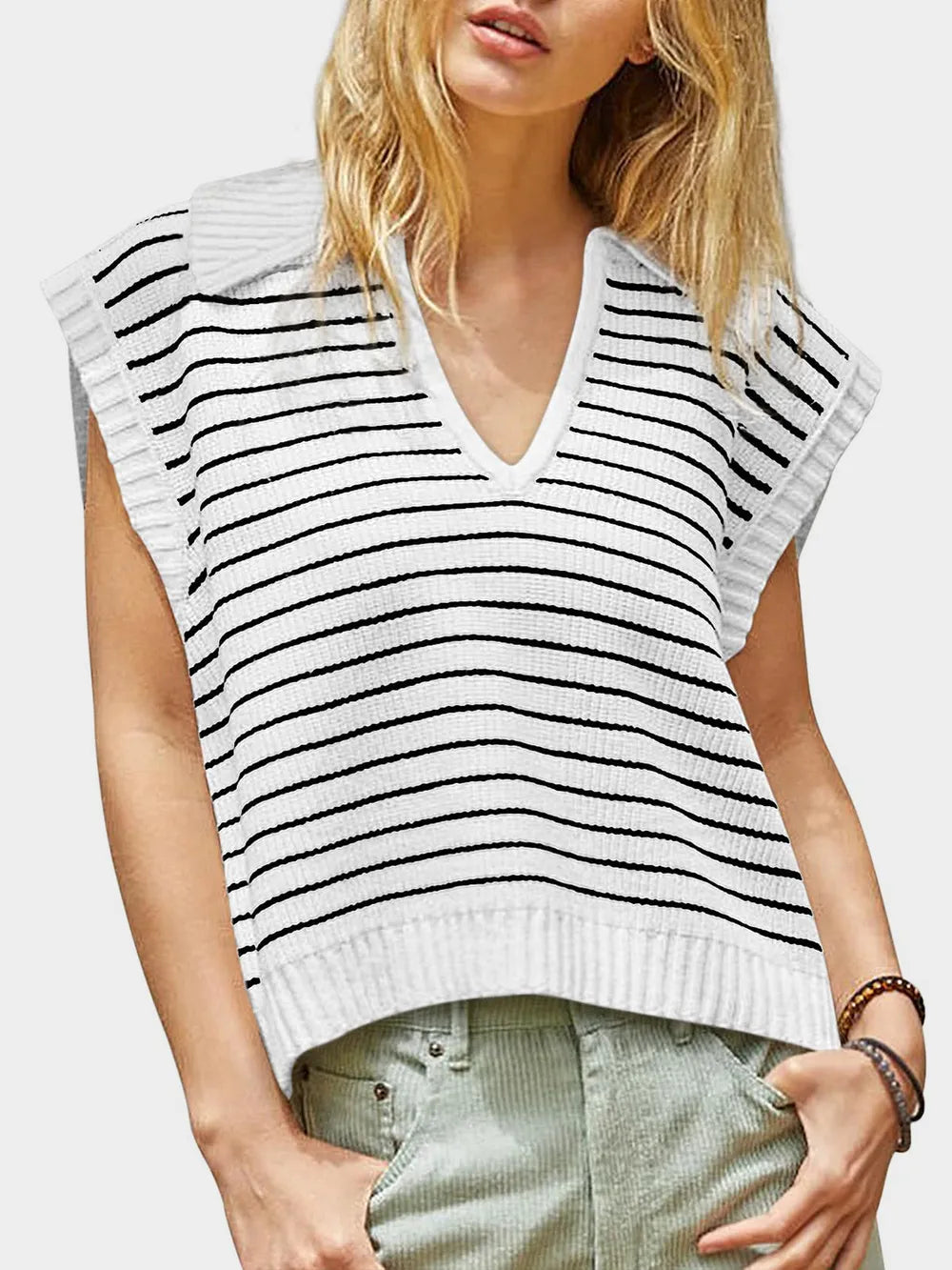 V-neck knitted top casual striped pullover sweater