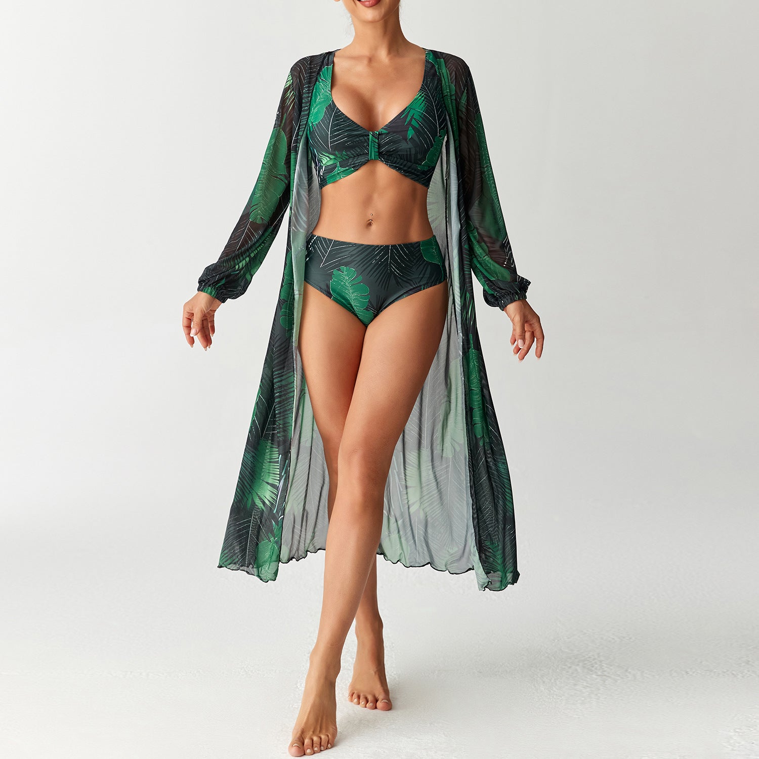 Three piece high waisted long sleeved cover up shirt