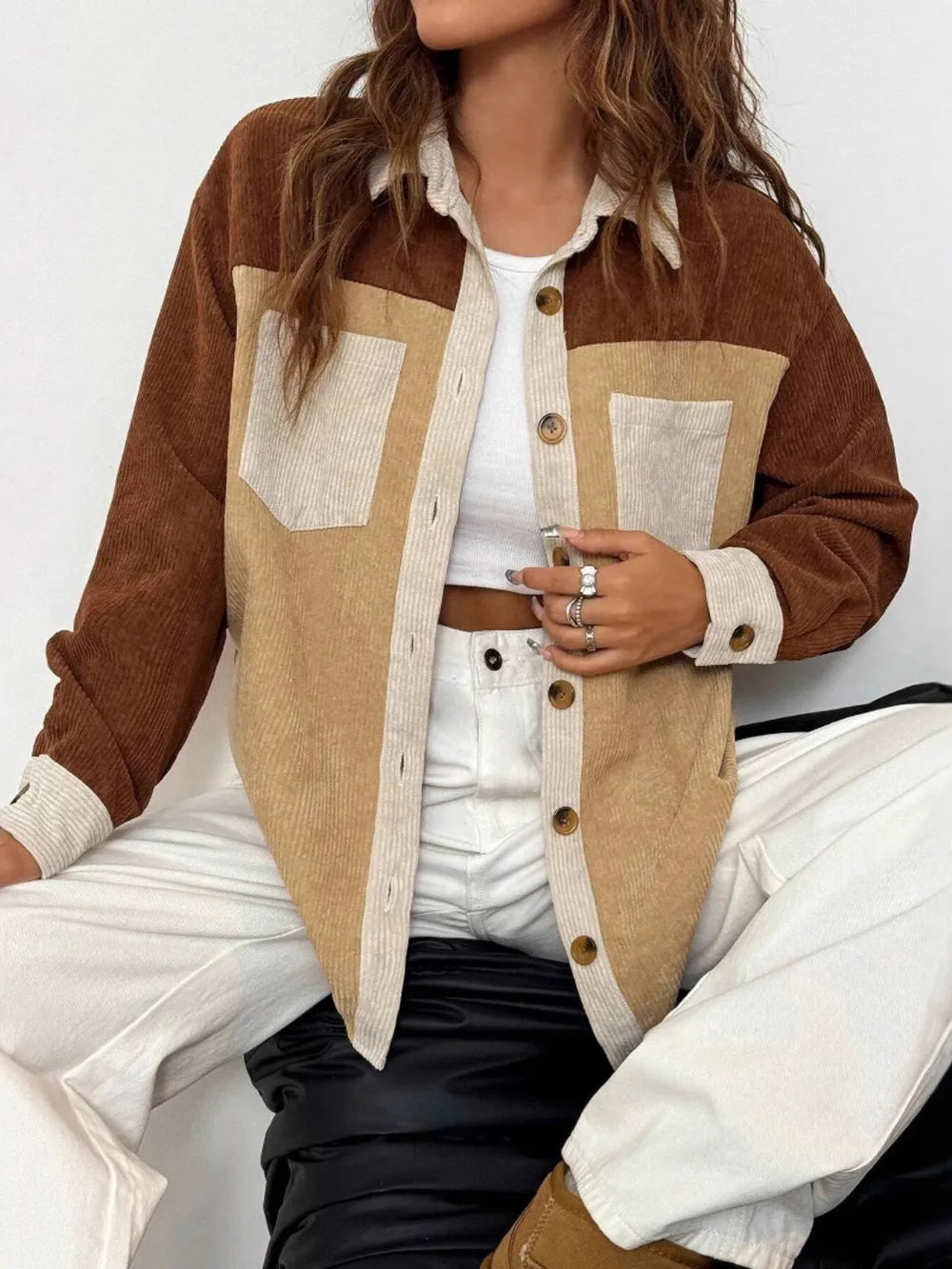 Corduroy color blocked casual jacket shirt