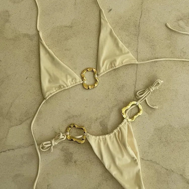 Sexy Bikini Set Lace-up Solid Color Print Low Waist