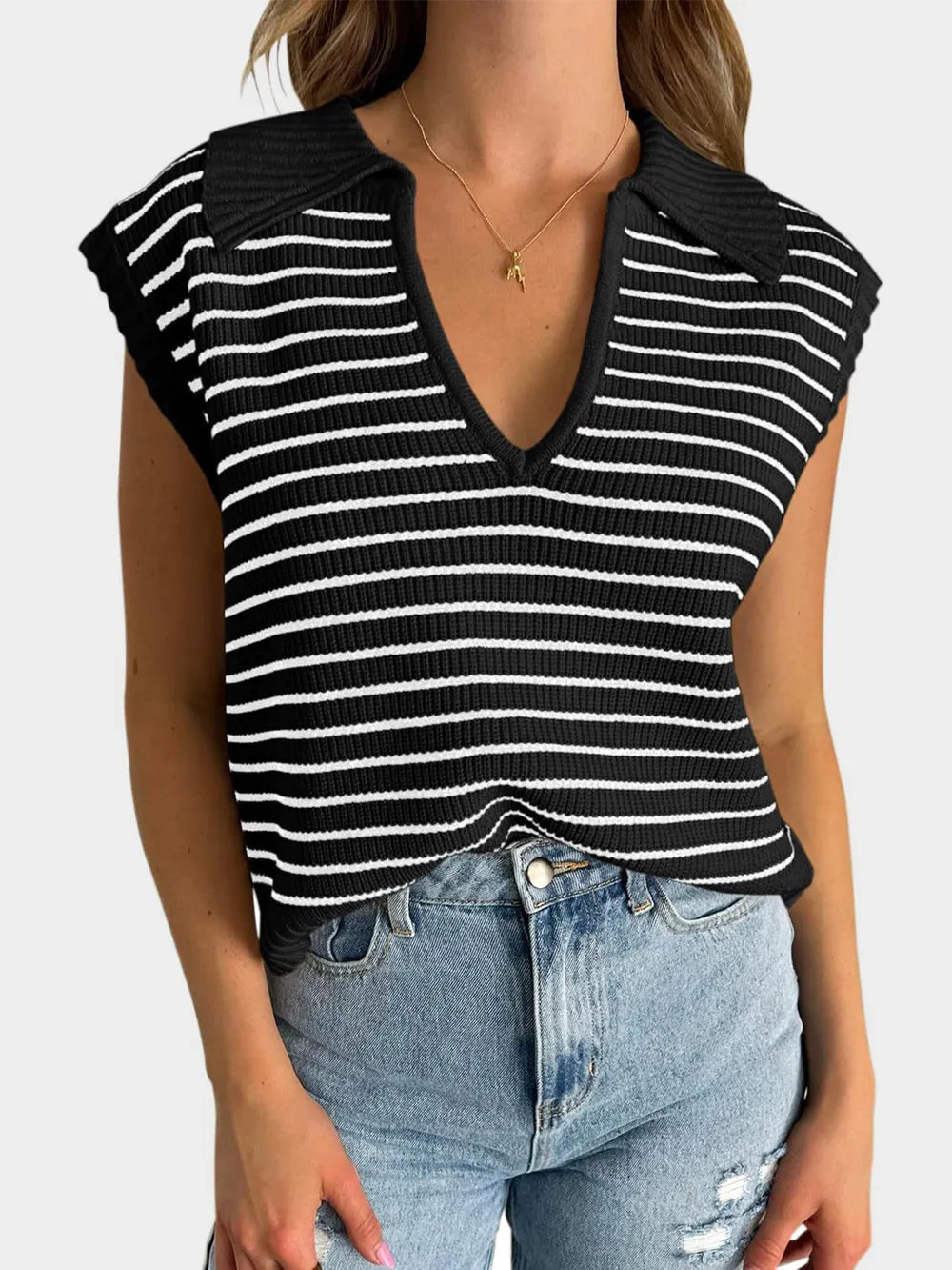 V-neck knitted top casual striped pullover sweater