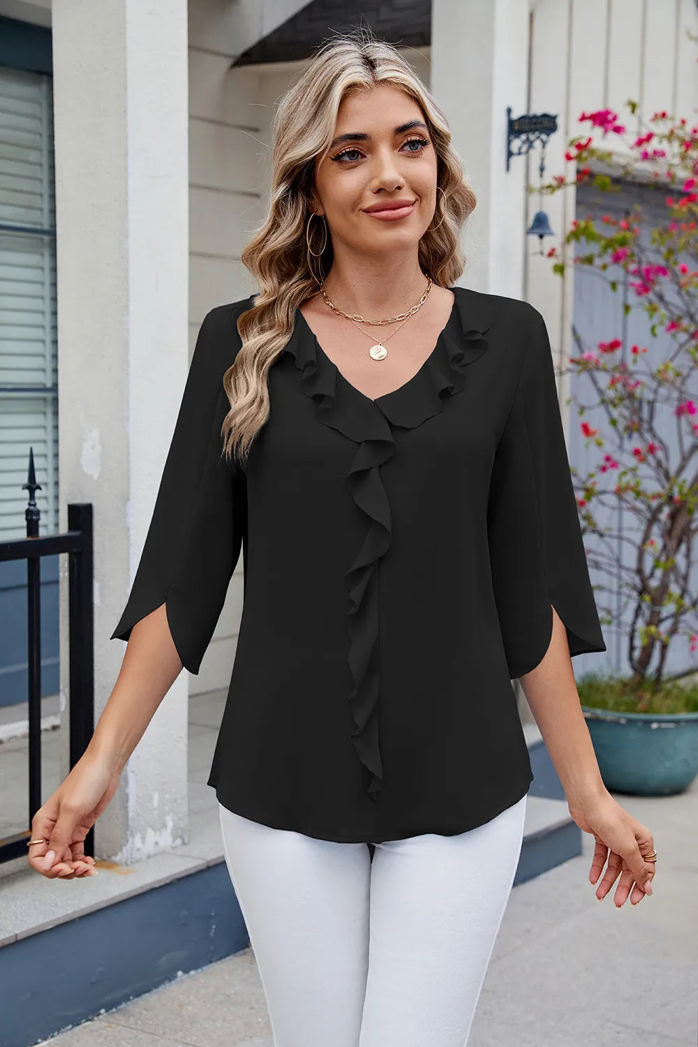 Chiffon mid sleeve V-neck pleated ruffled loose fitting top