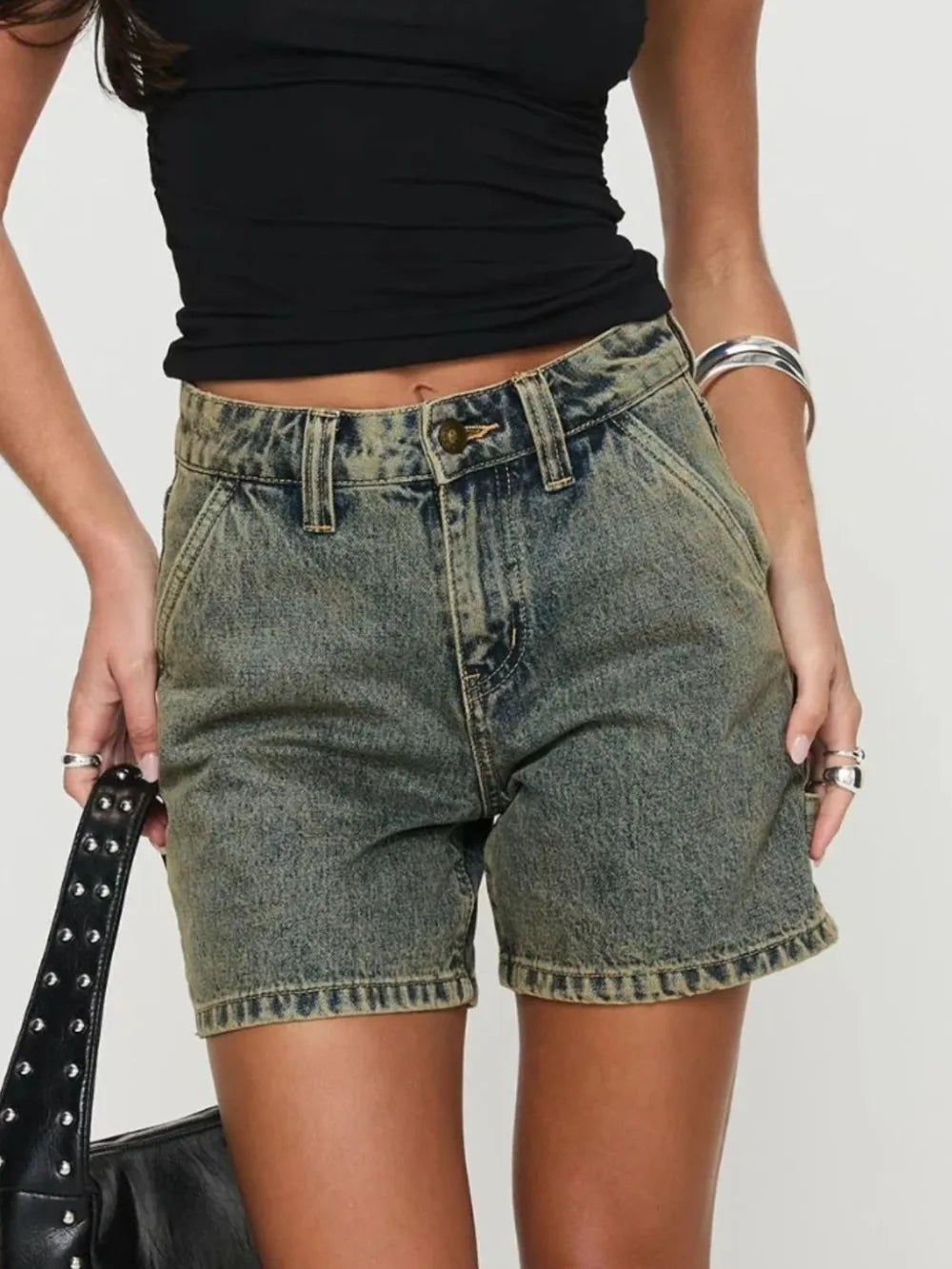 Washed High Rise Denim Shorts