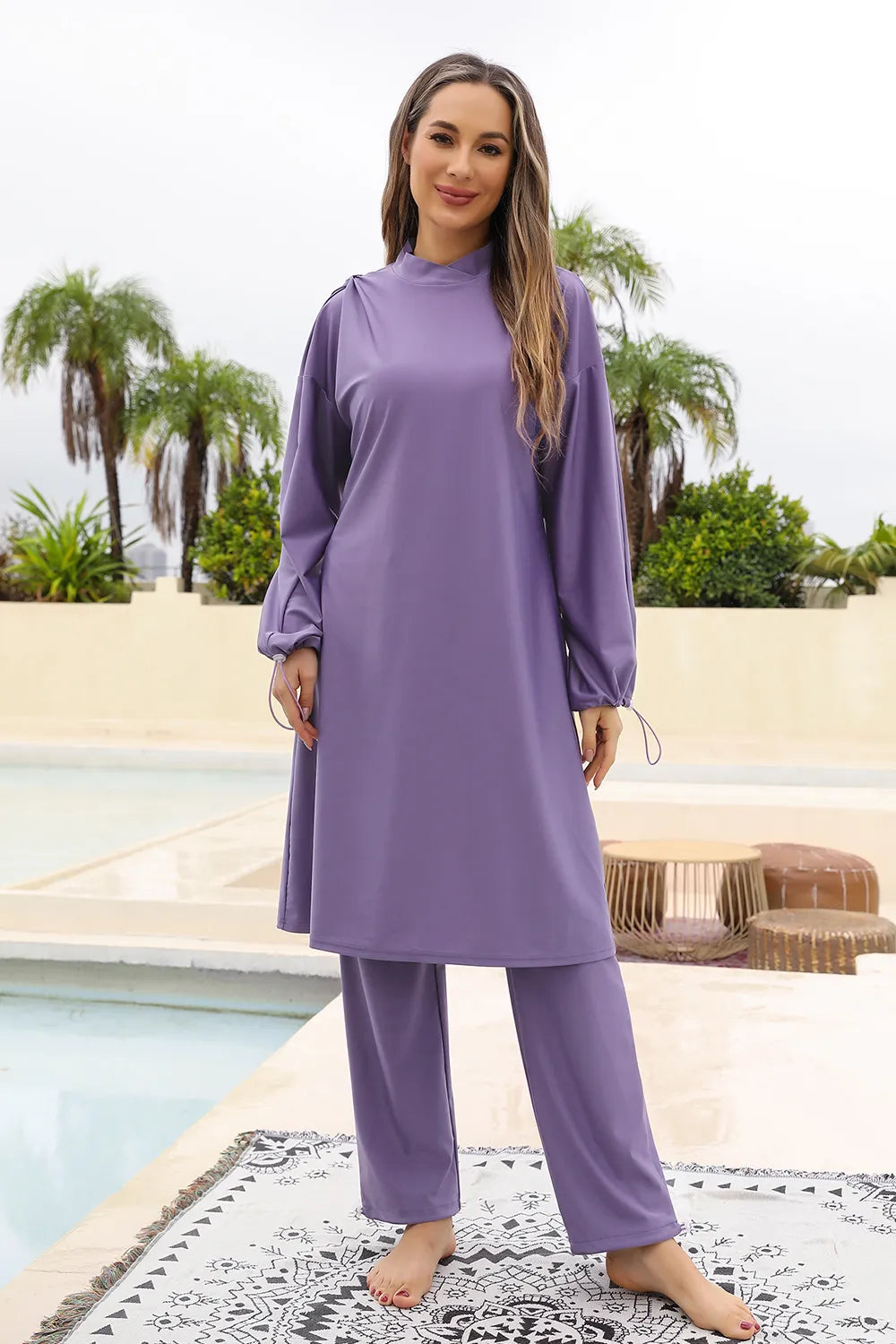 Modest Cap, Drawstring Mock Neck Long Sleeve Top and Pants Swim Set