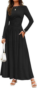 Round Neck Pleated Pocket Slim Fit Long Sleeve Knit Dress