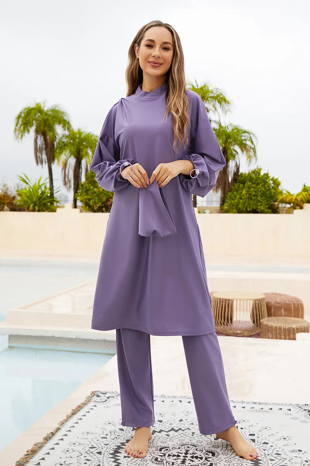 Modest Cap, Drawstring Mock Neck Long Sleeve Top and Pants Swim Set