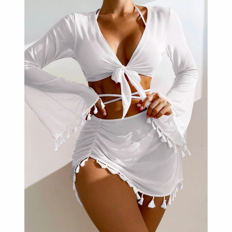 Four piece  tassel top mesh skirt bikini