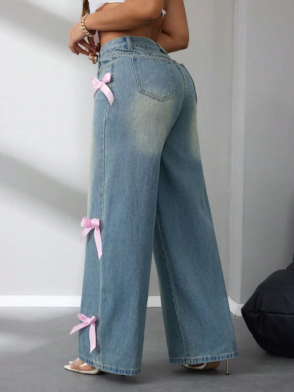 Bow High Rise Wide Leg Jeans