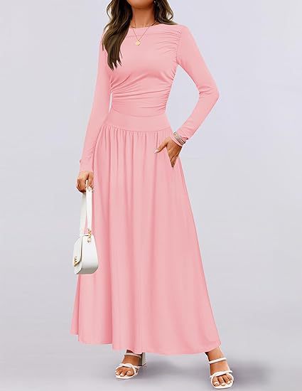 Round Neck Pleated Pocket Slim Fit Long Sleeve Knit Dress