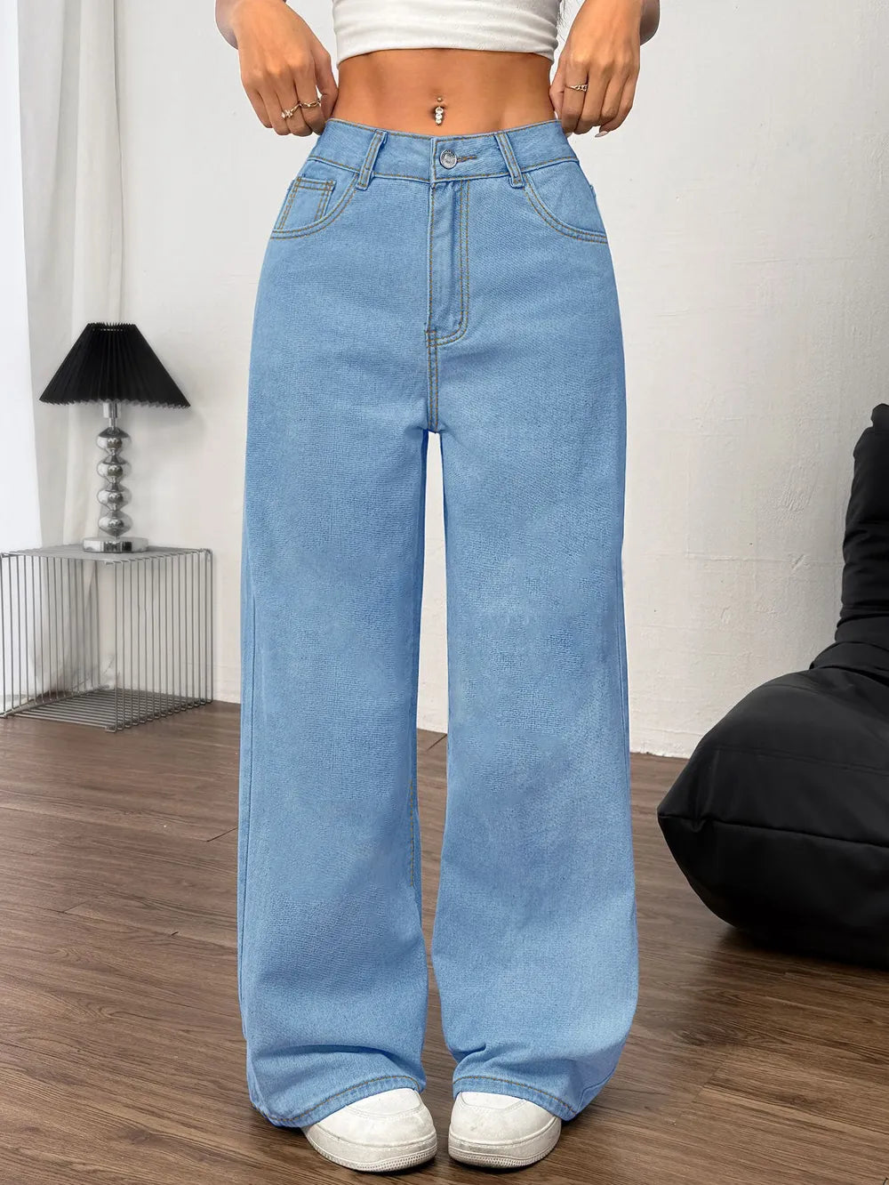 Embroidered Bow Back Wide Leg Jeans