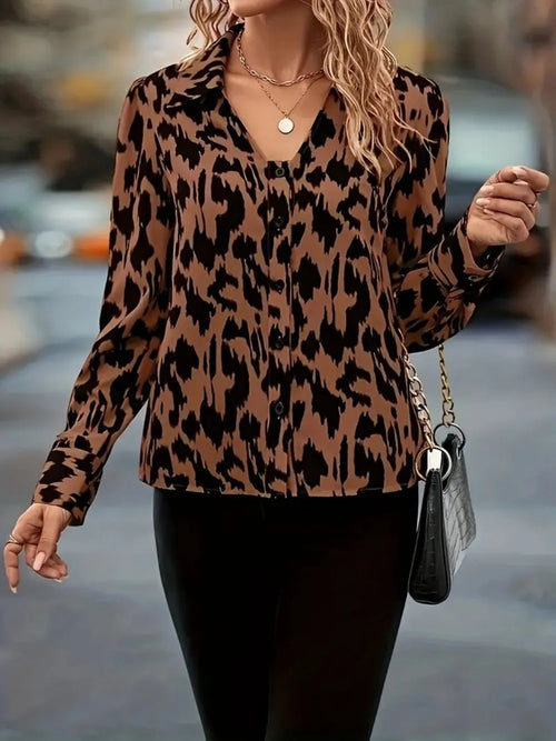 Brwon Printed Johnny Collar Long Sleeve Blouse