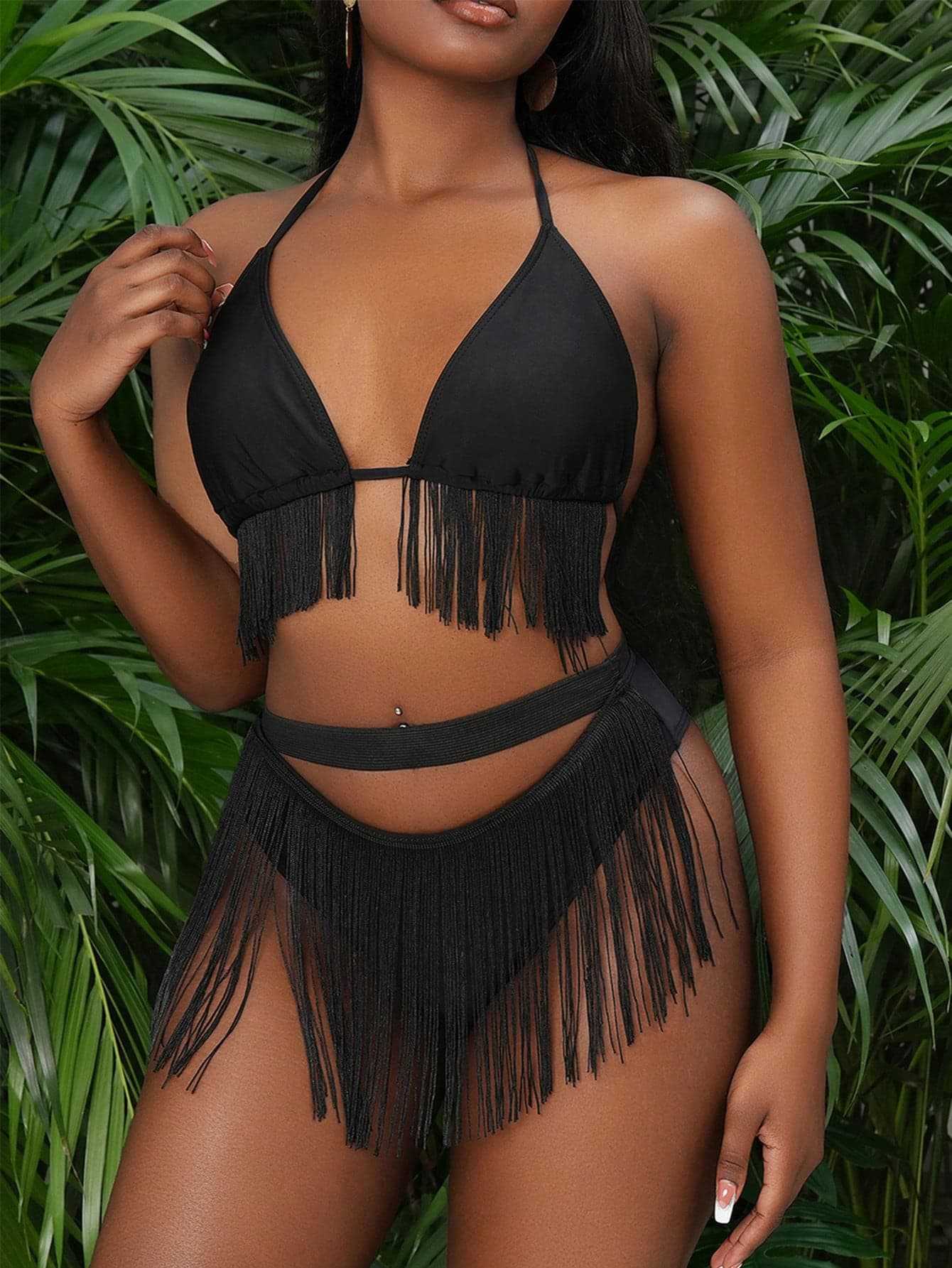 Solid color fringe bikini