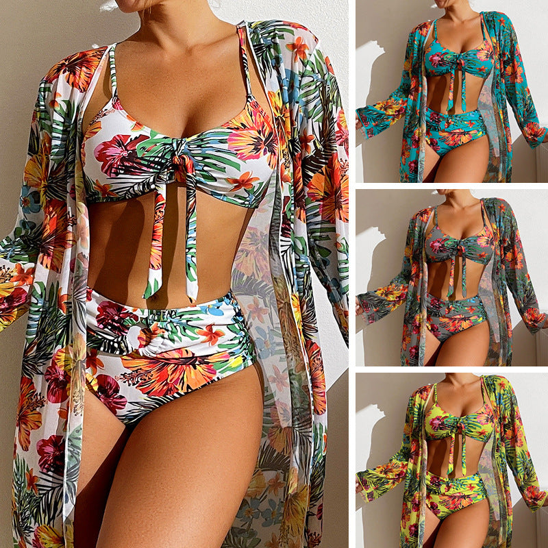Long top split three piece  sexy swimsuit
