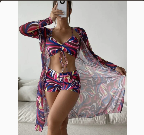 Fashionable Sexy Mesh Cover-Up with Leg-Length Briefs Three-Piece Swimwear Set