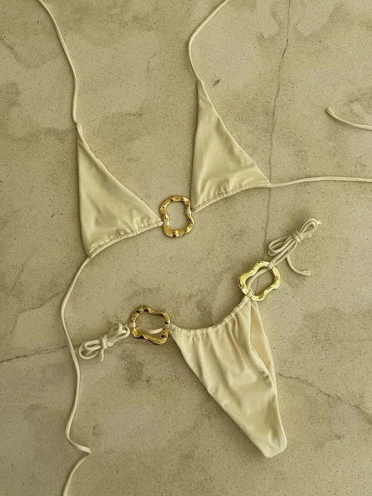 Sexy Bikini Set Lace-up Solid Color Print Low Waist