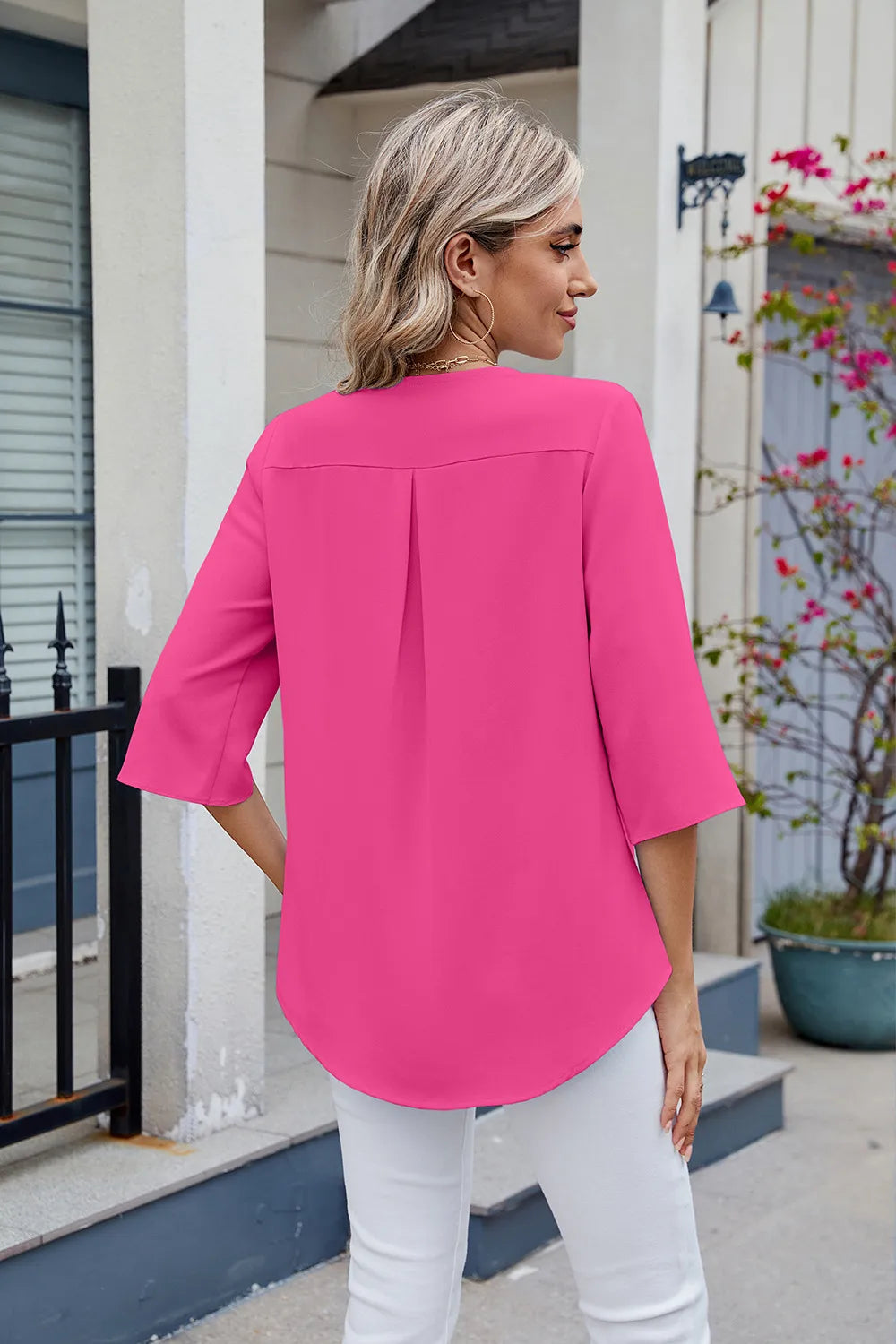 Chiffon mid sleeve V-neck pleated ruffled loose fitting top