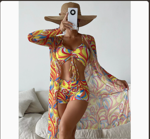 Fashionable Sexy Mesh Cover-Up with Leg-Length Briefs Three-Piece Swimwear Set