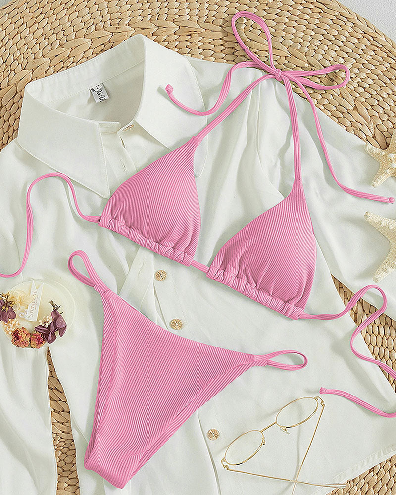 Hanging neck tie bikini swimsuit
