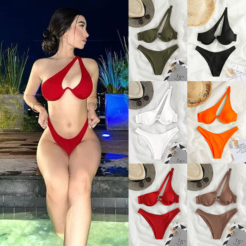 Sexy Triangle Split Swimsuit Solid Color One Shoulder Underwire Bikini