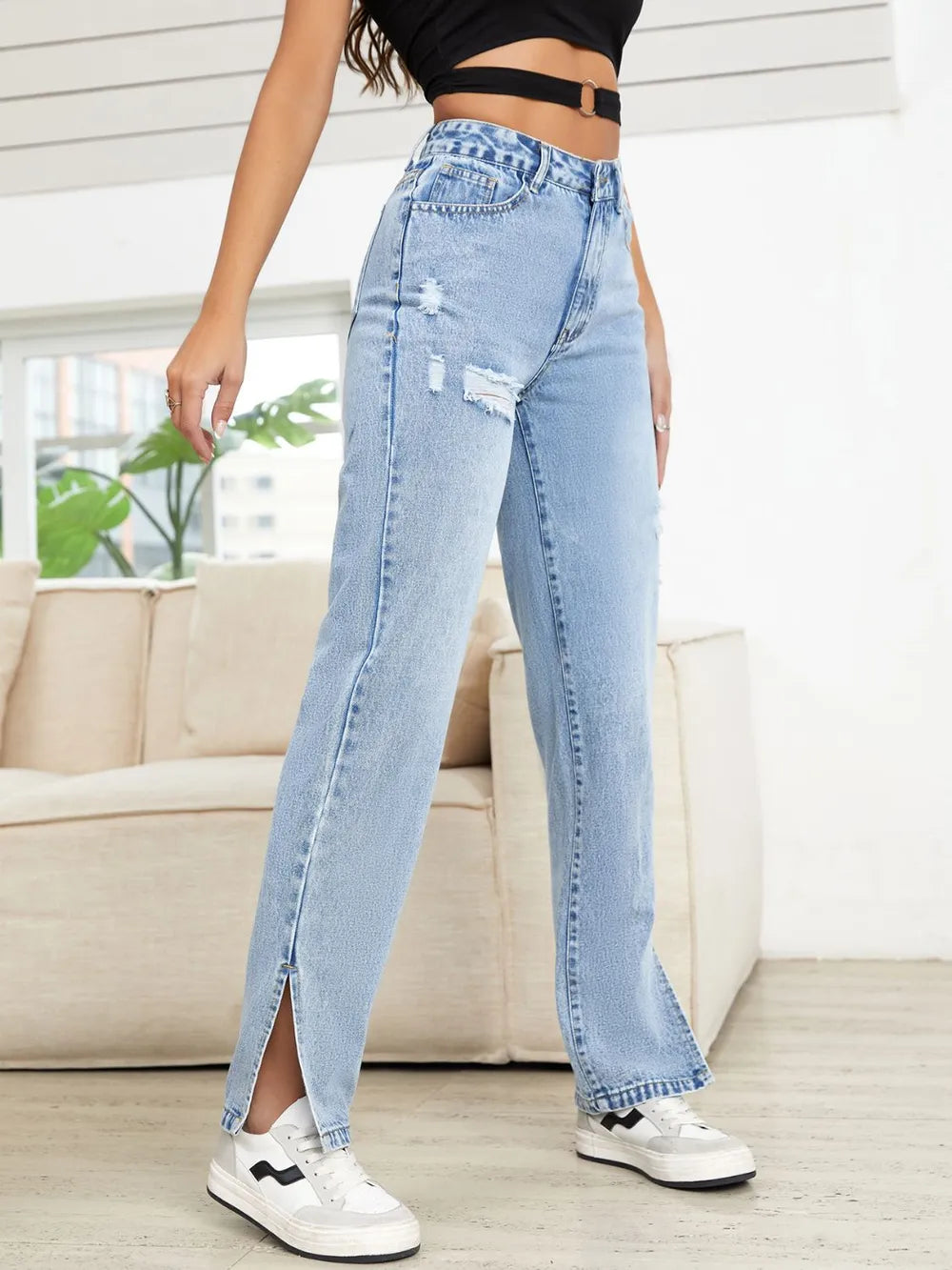Distressed Slit Straight Leg Jeans