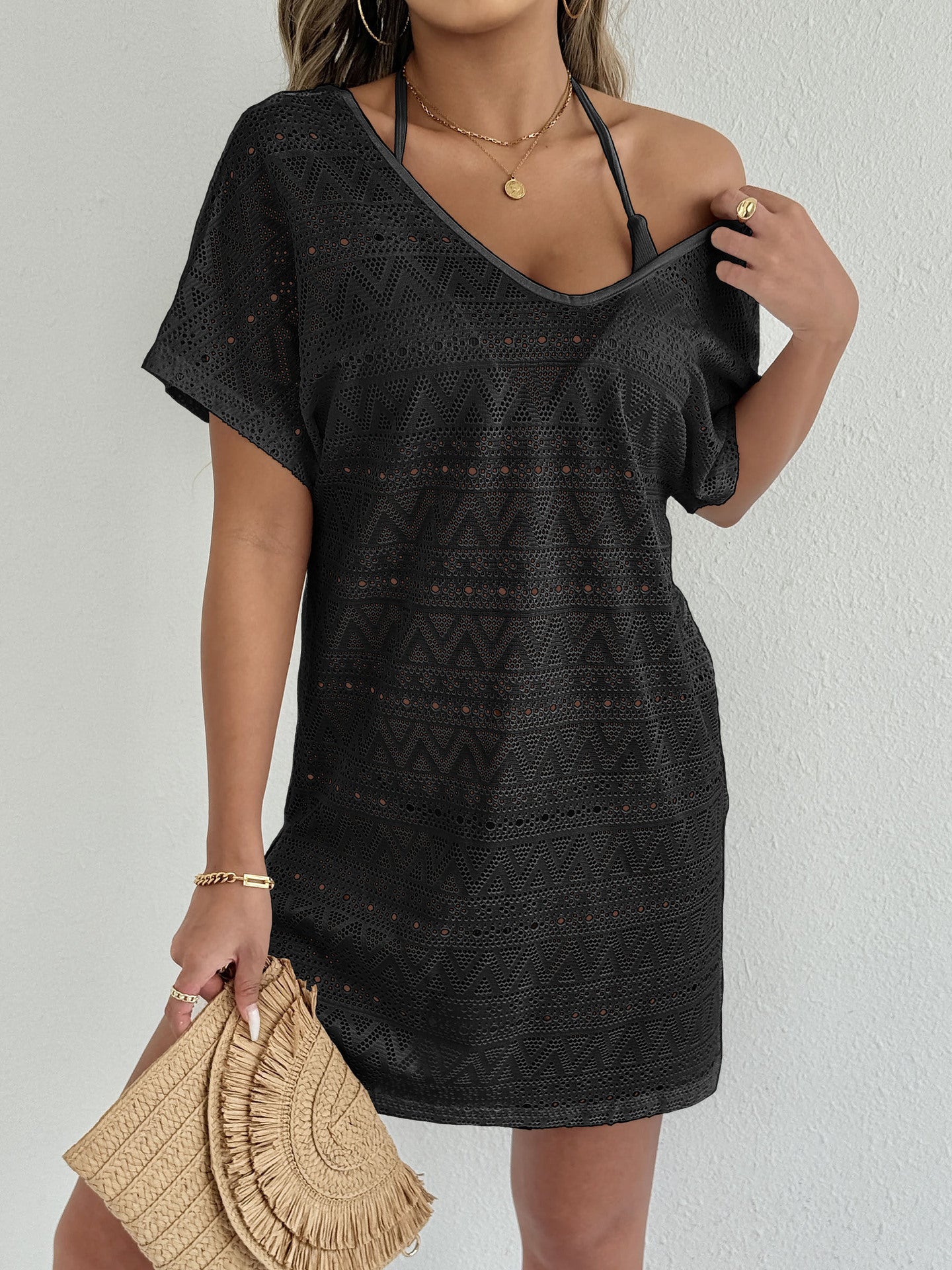 Beach Cover-Up, Sexy Deep V-Neck Split Lace Dress