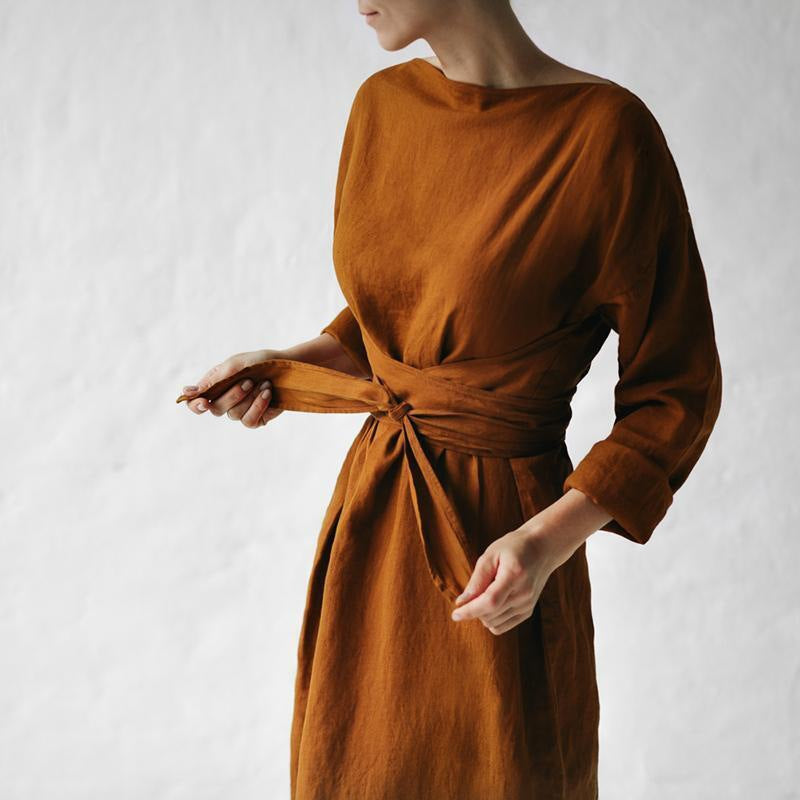 Cotton and linen long skirt with long sleeves and a straight collar tied dress