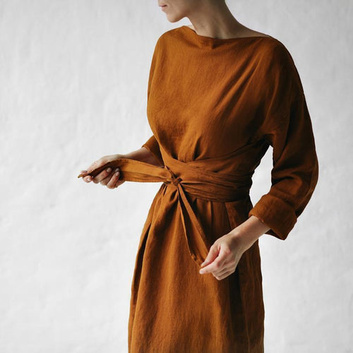 Cotton and linen long skirt with long sleeves and a straight collar tied dress